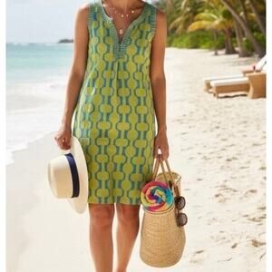 Gretchen Scott Geometric Ruffneck Shift Dress Green Blue Teal Size S Resort Wear